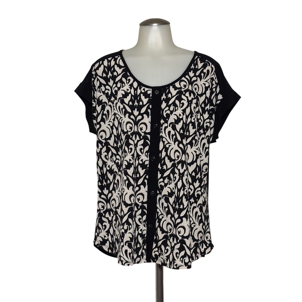 Diana Belle Blouse Women XL Black Beige Damask Button Front New With Tags